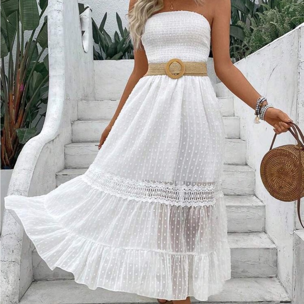 NWOT: Elegant White Strapless Midi Dress